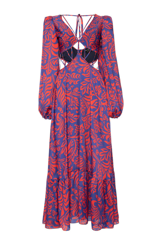 VESTIDO LONGO TIRAS TROPICAL GRÁFICO AZUL