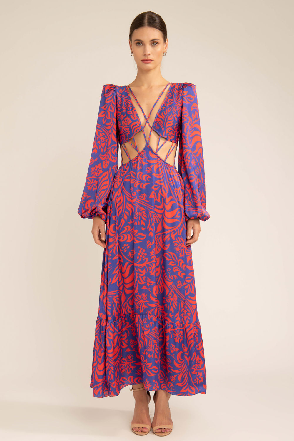 VESTIDO LONGO TIRAS TROPICAL GRÁFICO AZUL