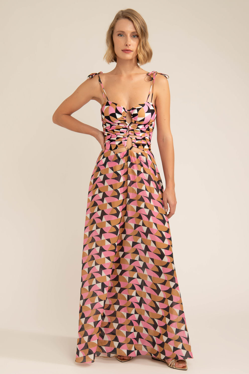 VESTIDO LONGO RECORTES GEOMÉTRICO ZELLIJ ROSA