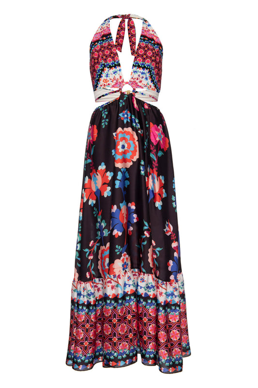 VESTIDO LONGO FRENTE ÚNICA DAMASCENA PRETO