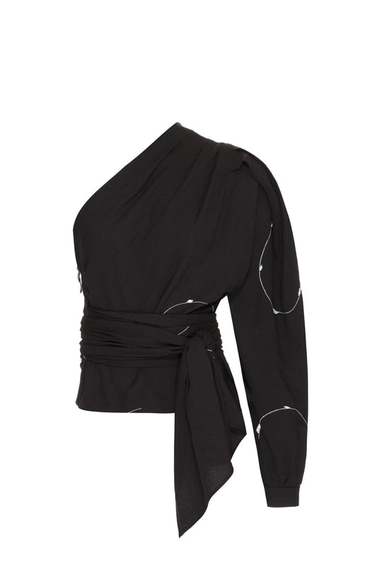 BLUSA MANGA ÚNICA BORDADO CIRCLES PRETO
