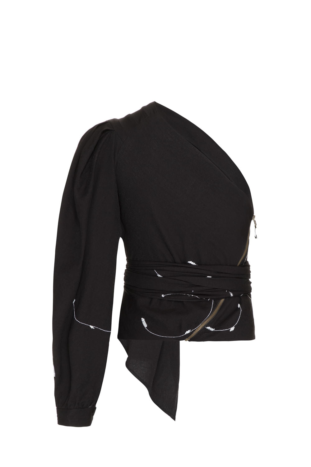 BLUSA MANGA ÚNICA BORDADO CIRCLES PRETO