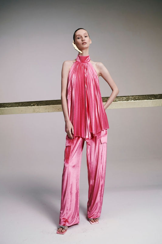 Calça bolsos veludo rosa