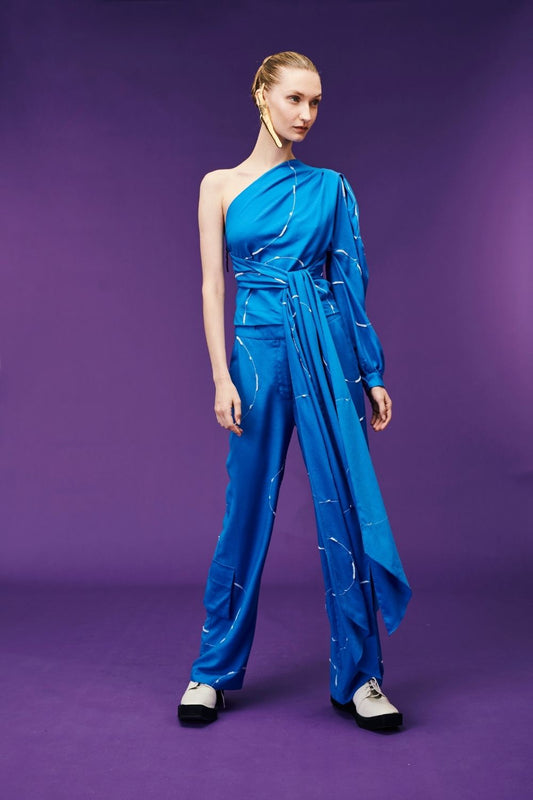 Calça bolsos bordado circles azul