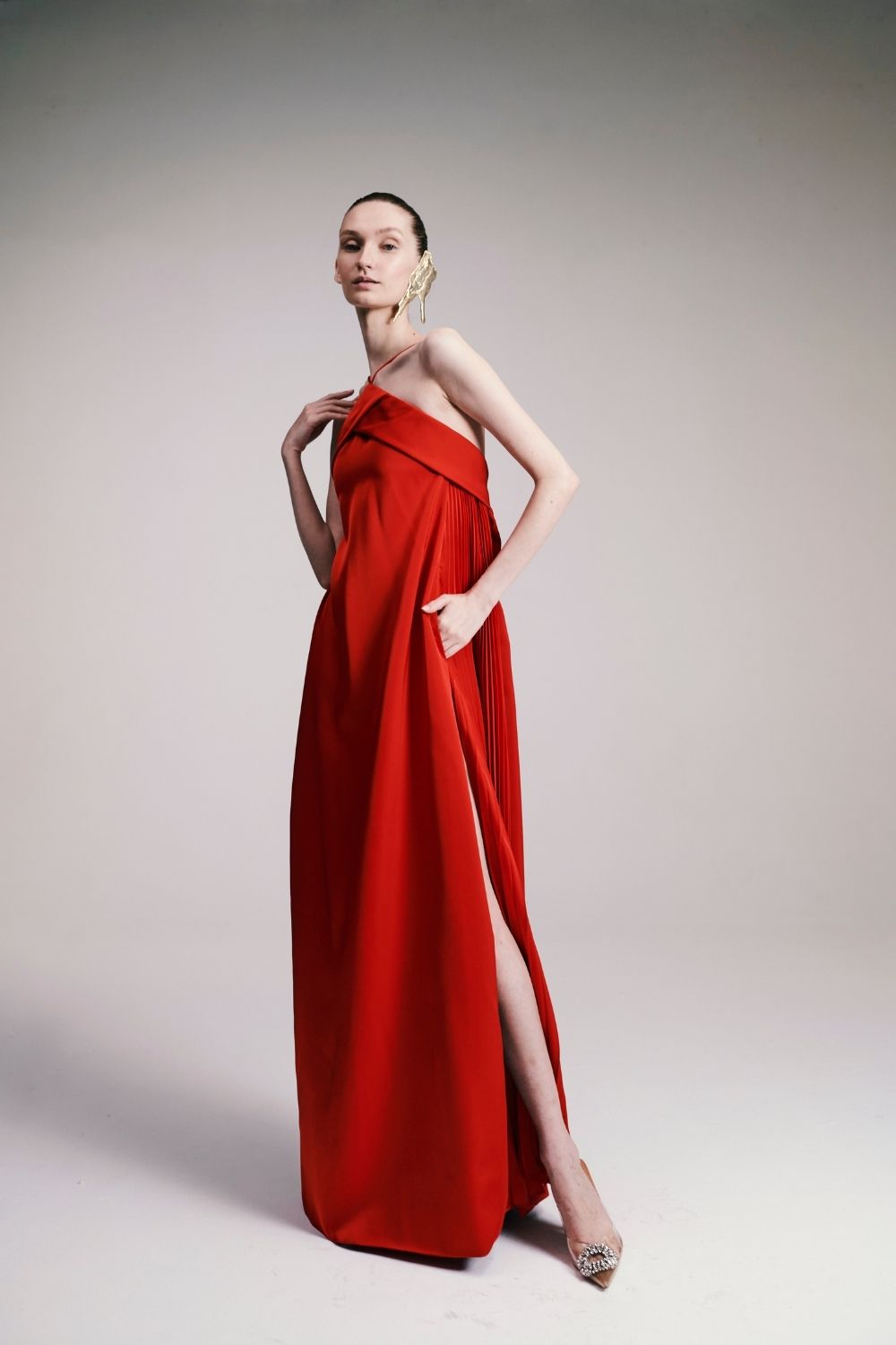 VESTIDO LONGO FRENTE ÚNICA CETIM VERMELHO