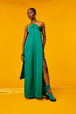 VESTIDO LONGO FRENTE ÚNICA CETIM VERDE