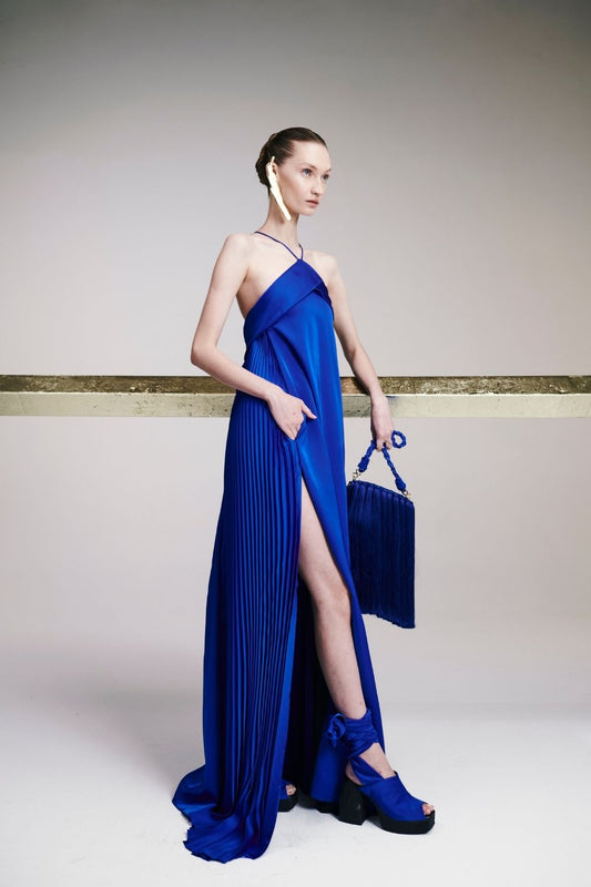 VESTIDO LONGO FRENTE ÚNICA CETIM AZUL