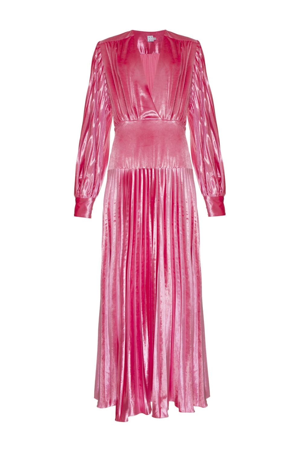 VESTIDO LONGO MANGAS VELUDO PLISSADO ROSA