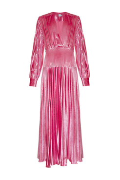 VESTIDO LONGO MANGAS VELUDO PLISSADO ROSA