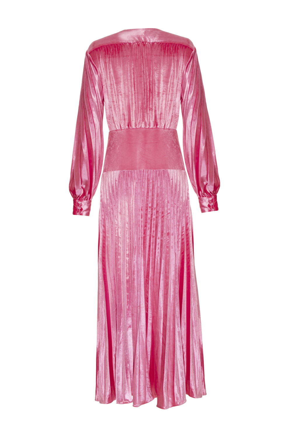 VESTIDO LONGO MANGAS VELUDO PLISSADO ROSA