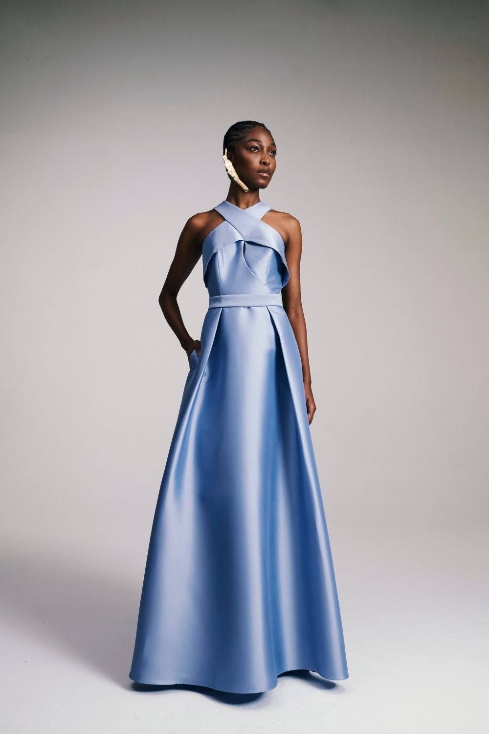 VESTIDO LONGO CRUZADO FRENTE ÚNICA ZIBELINE CELESTE