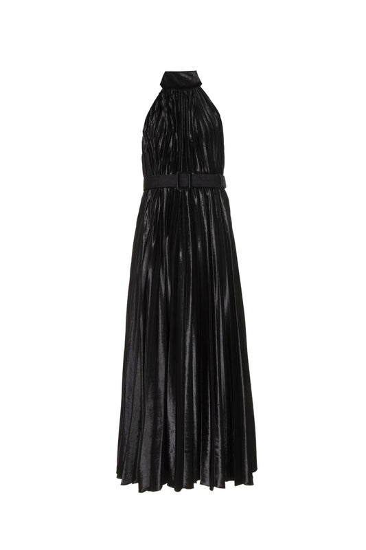 VESTIDO MÍDI VELUDO PLISSADO PRETO