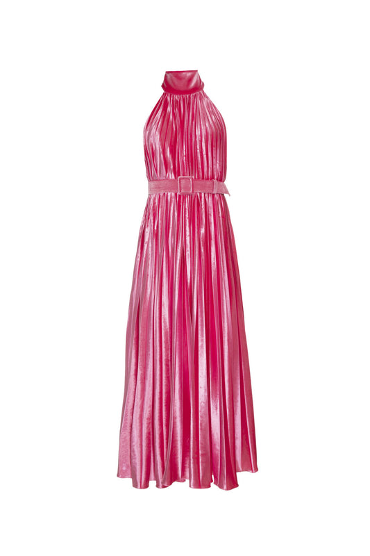 VESTIDO MÍDI VELUDO PLISSADO ROSA