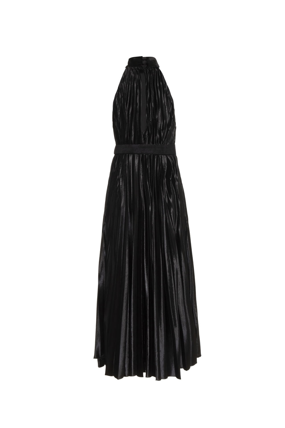 VESTIDO MÍDI VELUDO PLISSADO PRETO