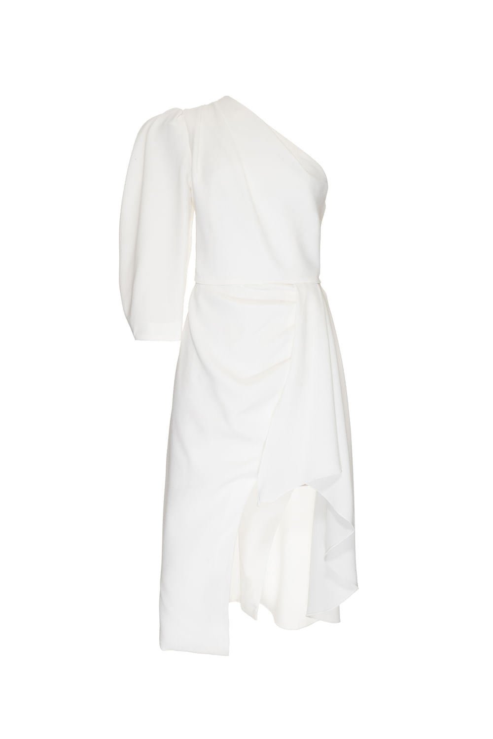 VESTIDO MÍDI OMBRO ÚNICO MANGA BUFANTE CREPE OFF WHITE