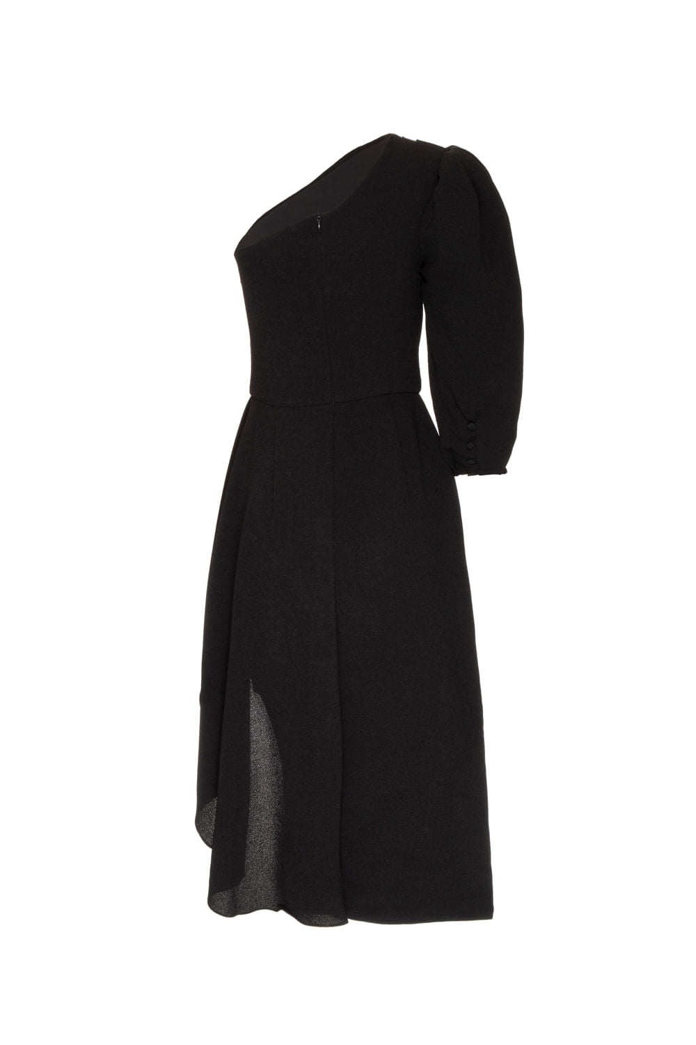 VESTIDO MÍDI OMBRO ÚNICO MANGA BUFANTE CREPE PRETO