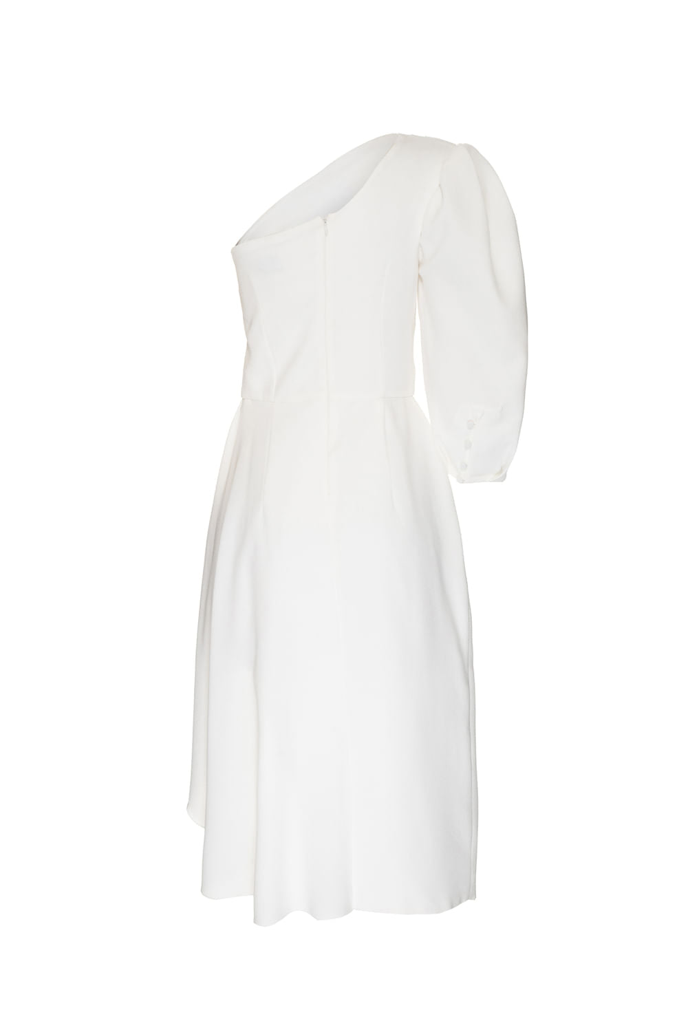 VESTIDO MÍDI OMBRO ÚNICO MANGA BUFANTE CREPE OFF WHITE