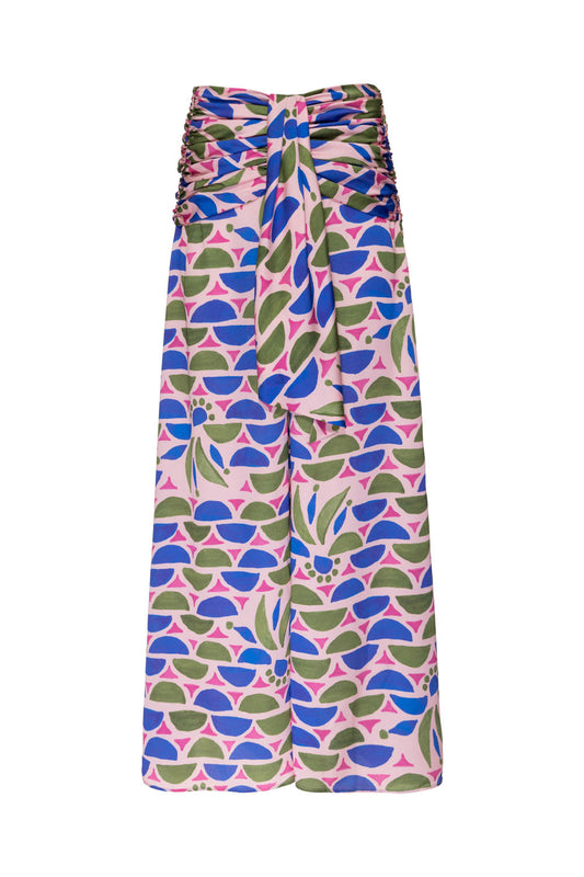 CALÇA AMPLA CETIM GEOMÉTRICO PUNA ROSA