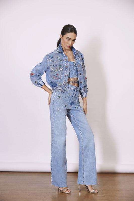 CalÃ§a bordada denim swarovski jeans