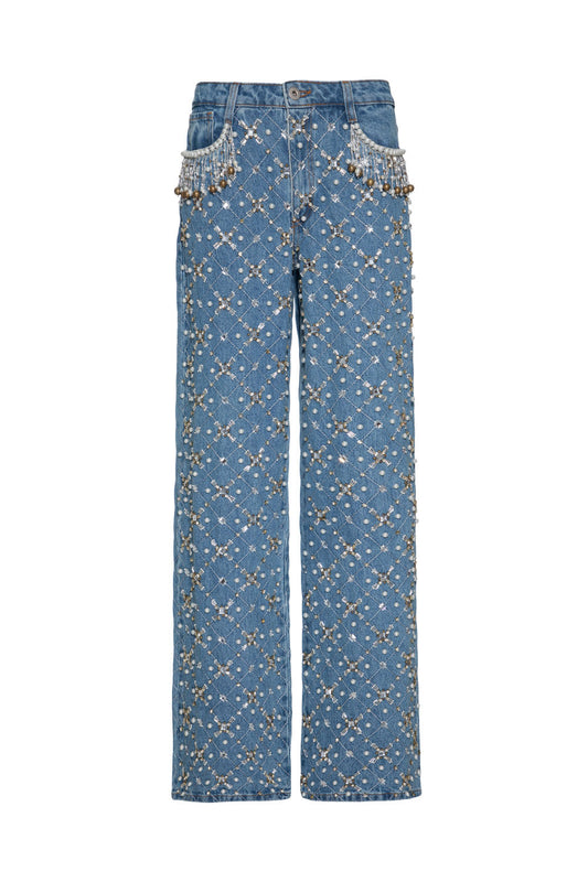 CALÇA BORDADA PÉROLAS DENIM VOGEL AZUL JEANS CLARO