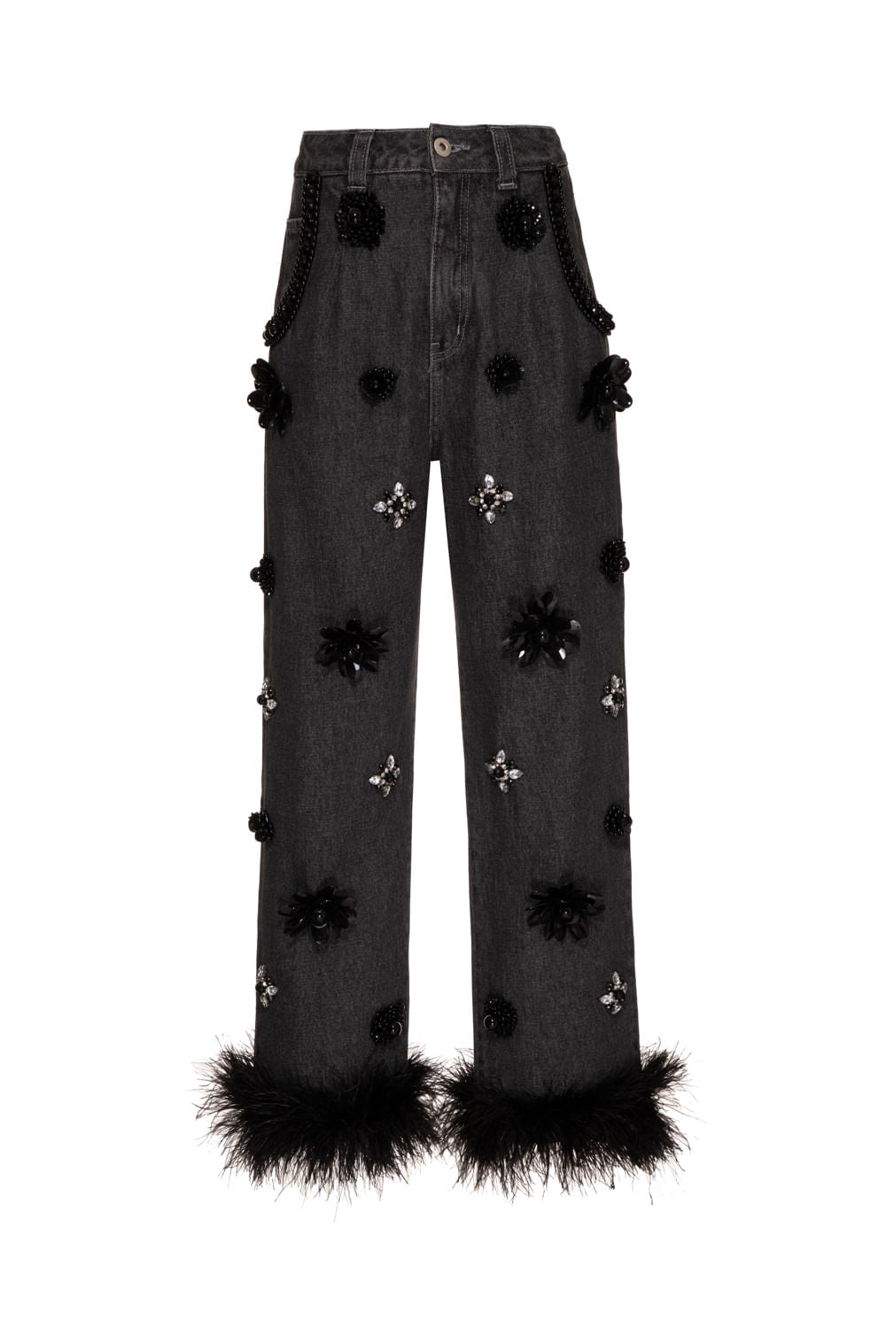 CALÇA BORDADA PLUMAS BLACK DENIM VOGEL JEANS