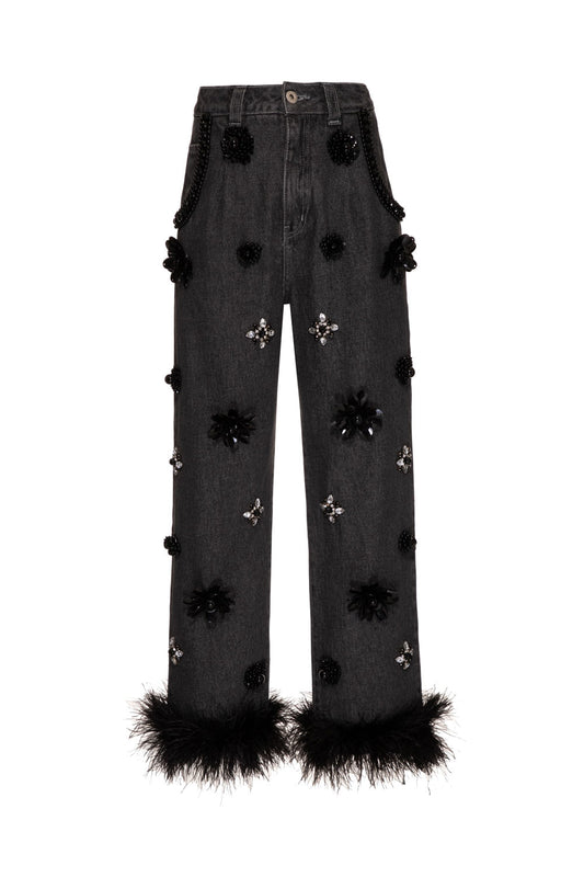 CALÇA BORDADA PLUMAS BLACK DENIM VOGEL JEANS