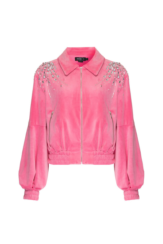 Jaqueta bordado franzido veludo babylon rosa