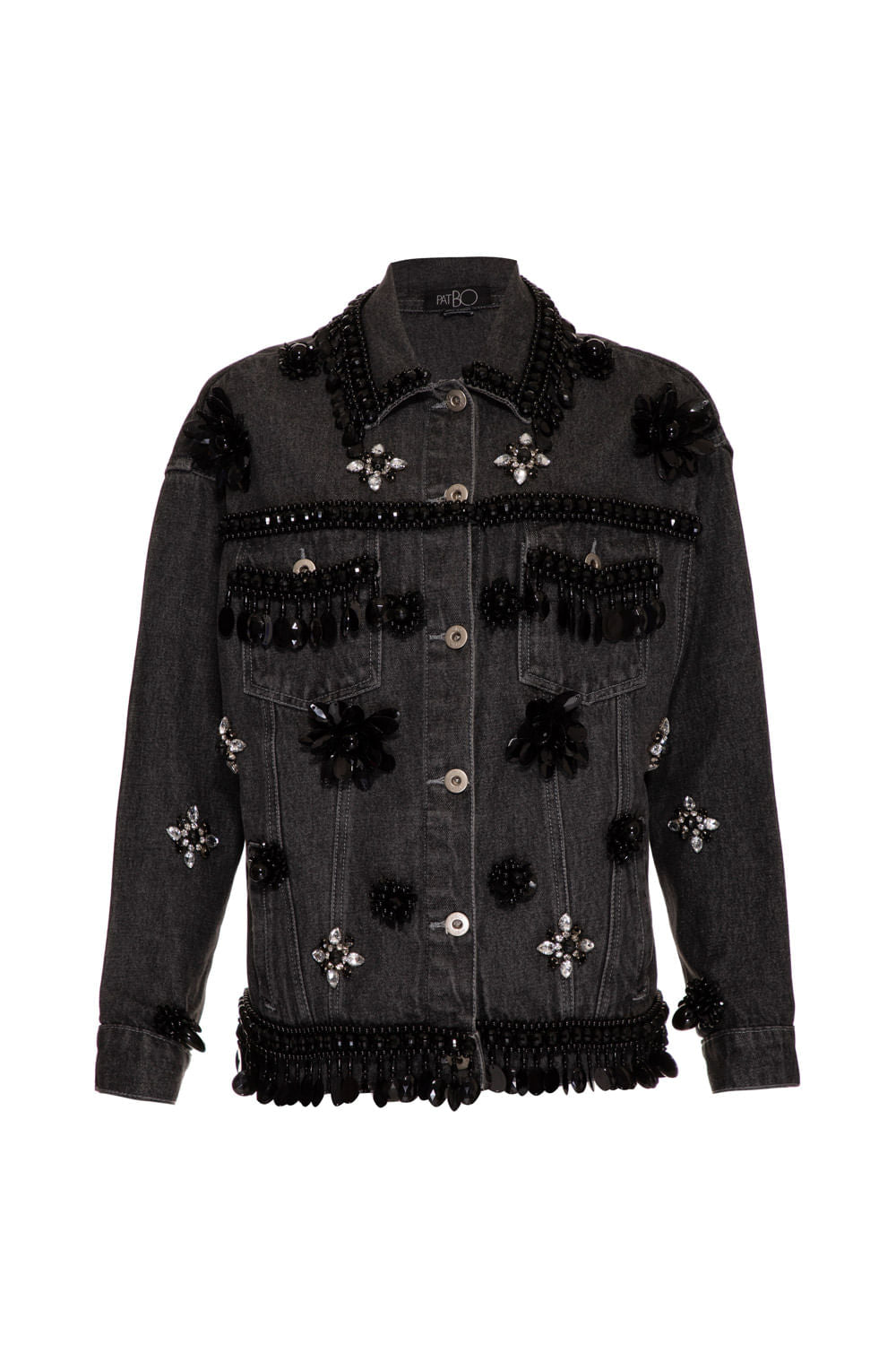 Jaqueta bordada flores denim vogel black jeans