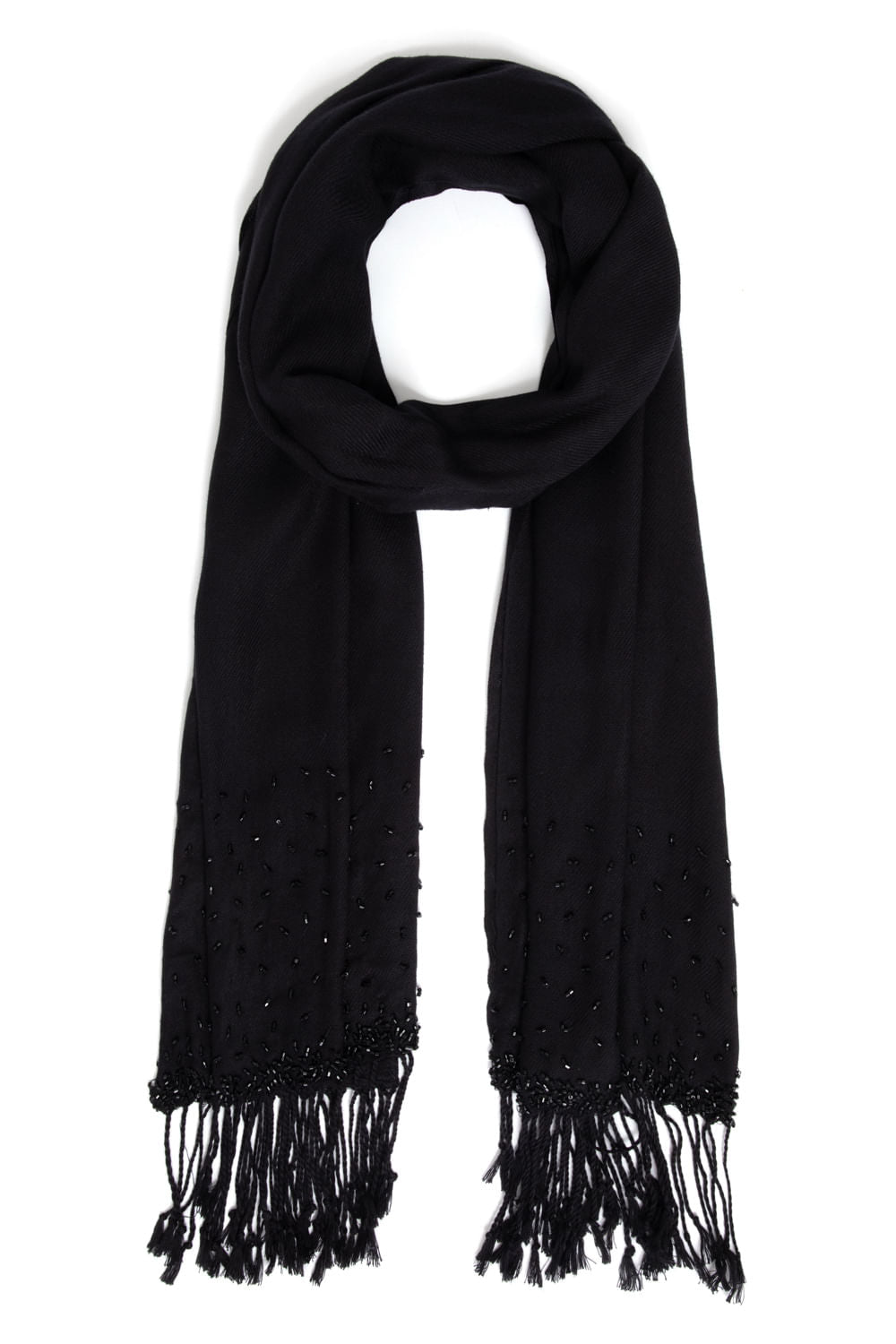 LENÇO PASHMINA BORDADO FRANJAS PRETO