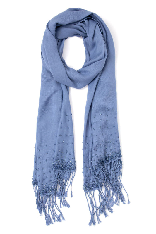 LenÃ§o pashmina bordado franjas azul jeans
