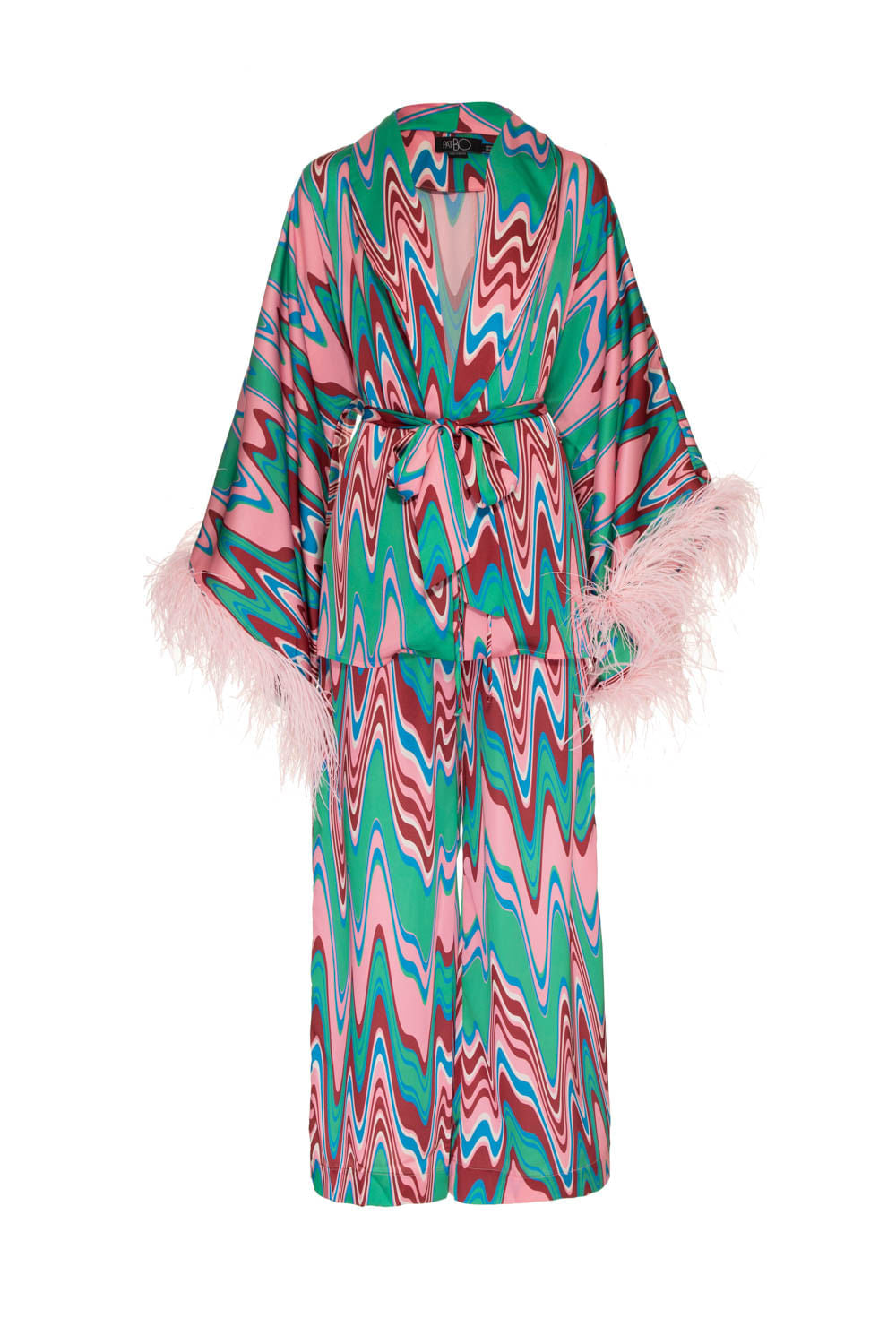 PIJAMA LONGO PLUMAS CETIM WAVES VERDE