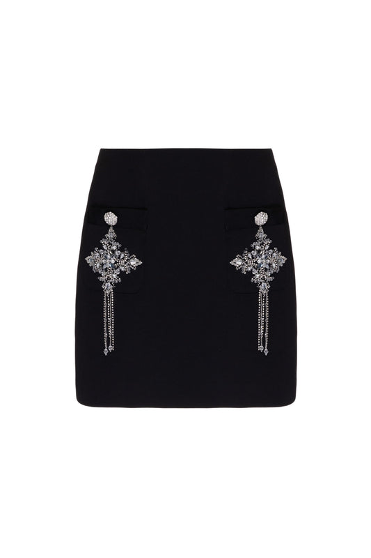 Saia curta bordada crepe edie preto