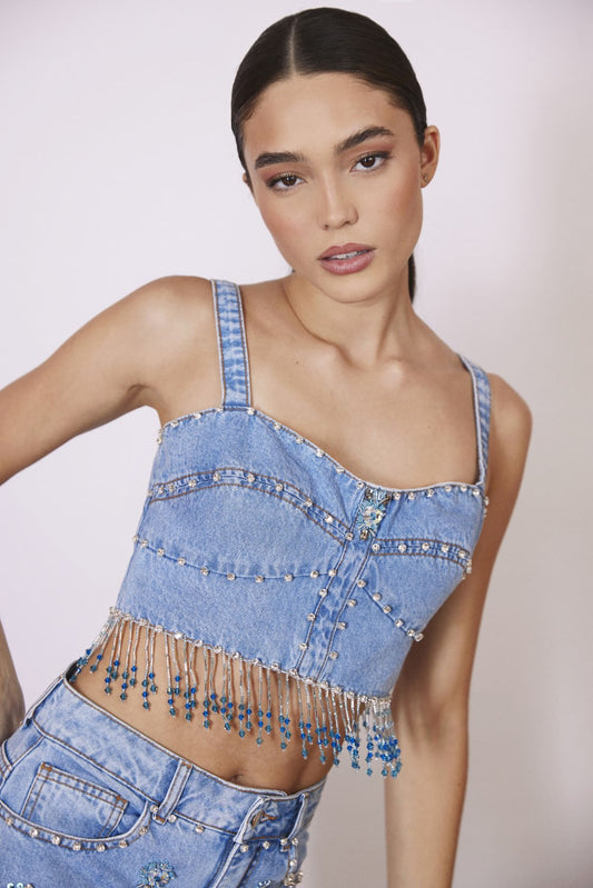 Top cropped denim swarovski jeans