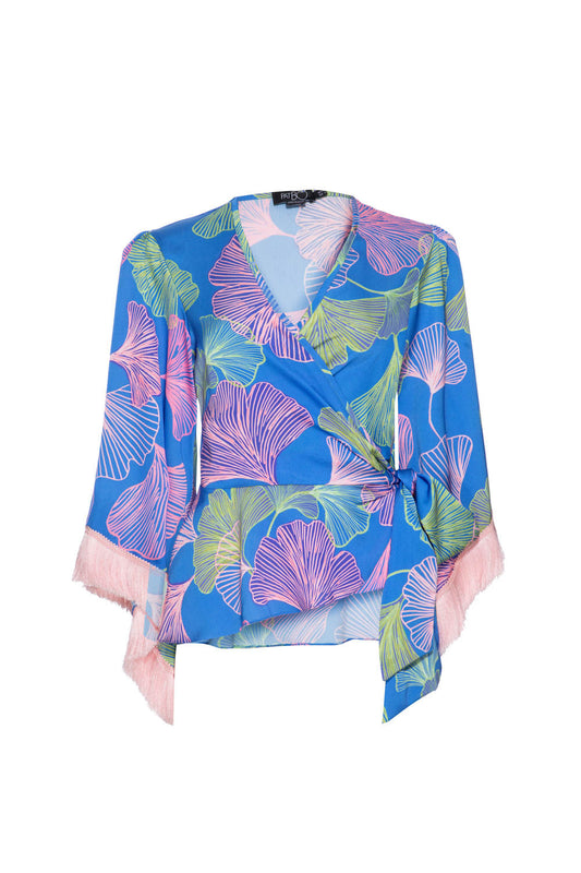 Blusa franjas cetim memory leaves azul