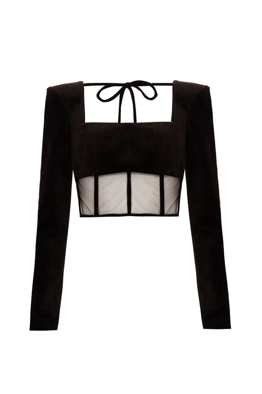 TOP CROPPED RECORTES TULE VELUDO BABYLON PRETO