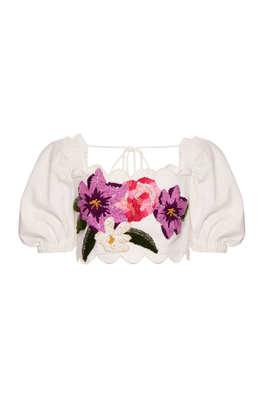 Top cropped bordado linho nilo matron off white