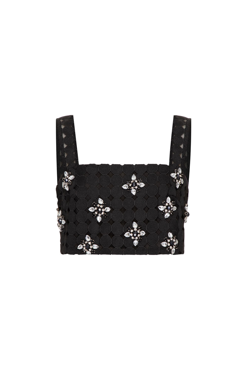 Top cropped bordado renda guipir preto