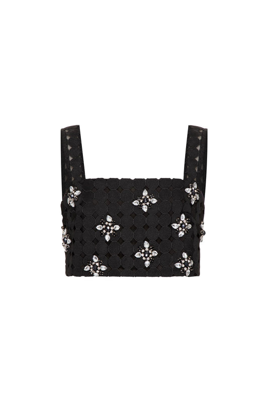 Top cropped bordado renda guipir preto