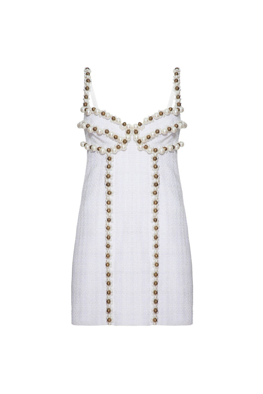 Vestido curto bordado tweed charlotte off white