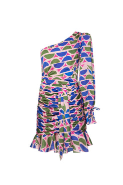 VESTIDO CURTO FRANZIDO CETIM GEOMÉTRICO PUNA ROSA