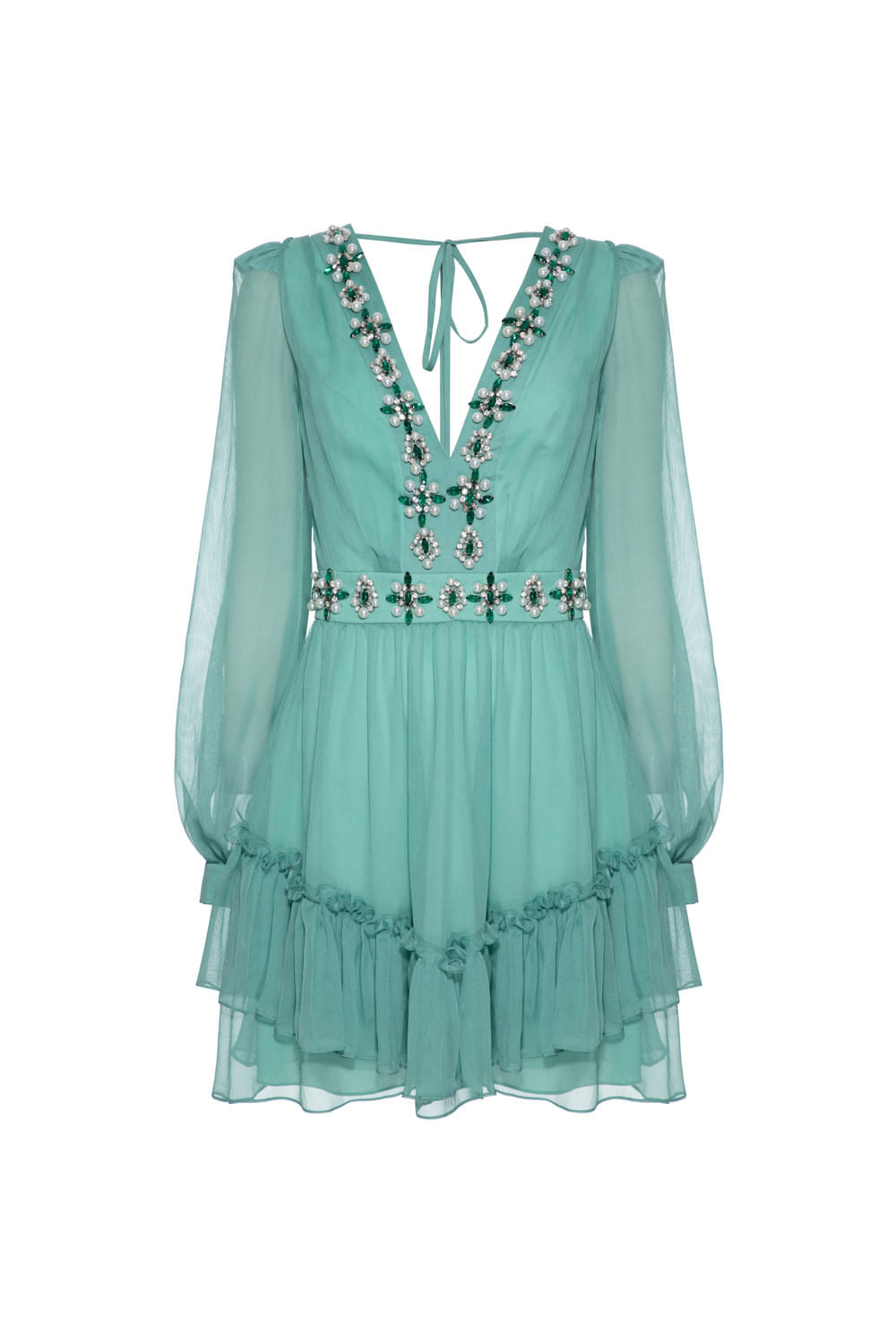 Vestido curto bordado manga longa silky stardust verde