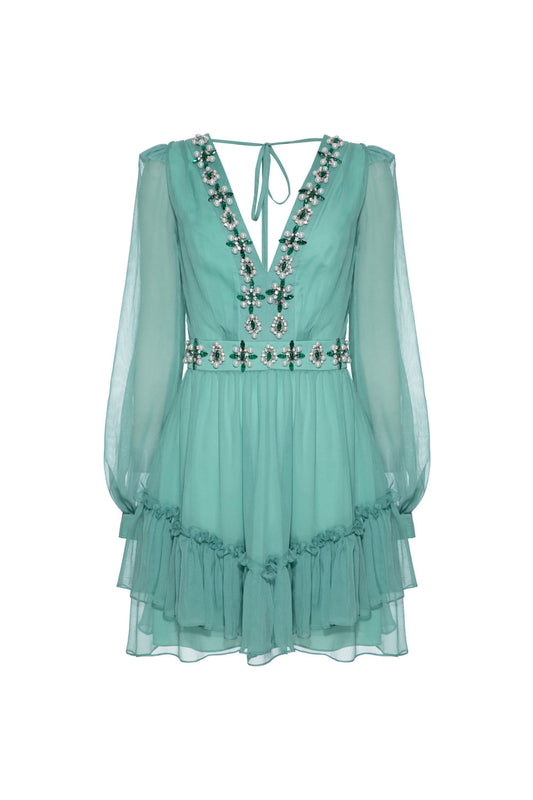 Vestido curto bordado manga longa silky stardust verde