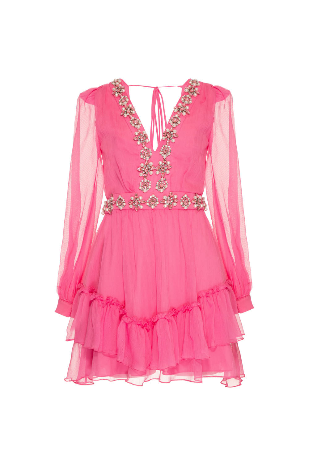 Vestido curto bordado manga longa silky stardust rosa