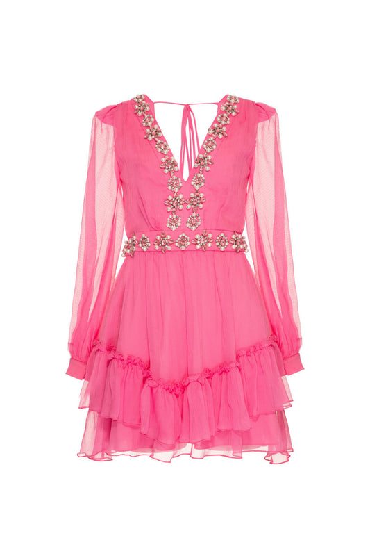Vestido curto bordado manga longa silky stardust rosa