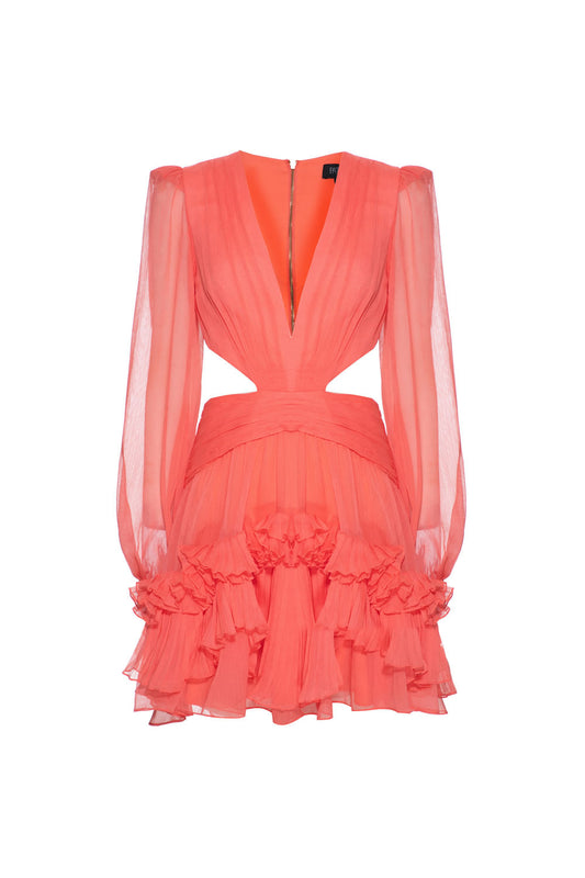VESTIDO CURTO BABADOS CHIFFON TURNER CORAL