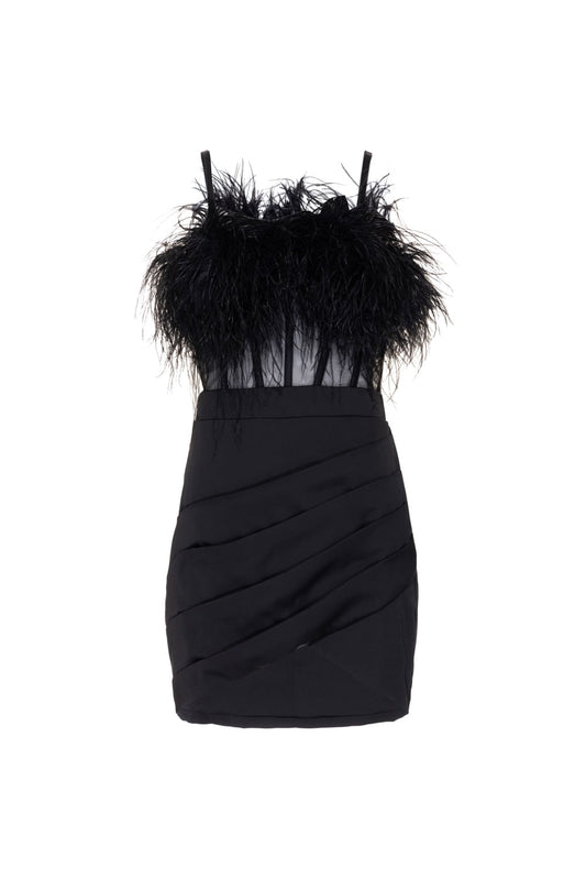 VESTIDO CURTO PLUMAS CETIM EUPHORIA PRETO