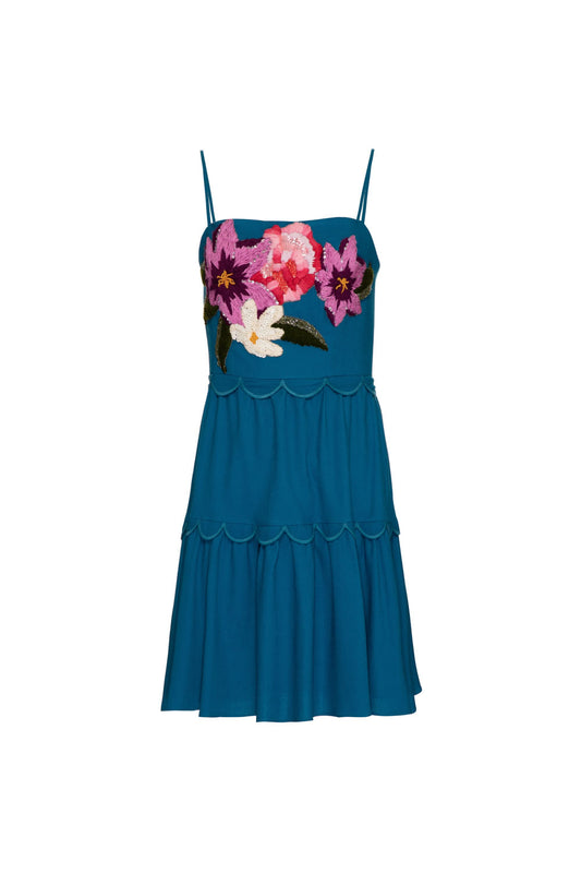 Vestido curto bordado linho nilo matron azul