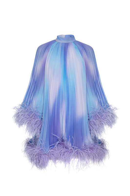 VESTIDO CURTO PLUMAS DEGRADÊ COSMIC AZUL