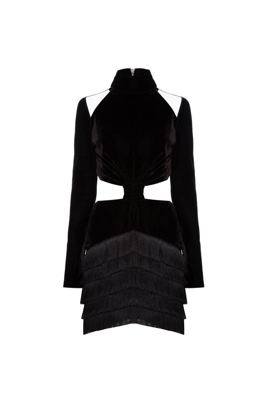 VESTIDO CURTO FRANJAS VELUDO EVE PRETO