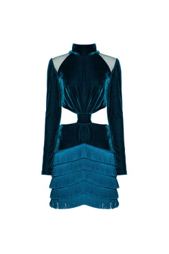 VESTIDO CURTO FRANJAS VELUDO EVE AZUL